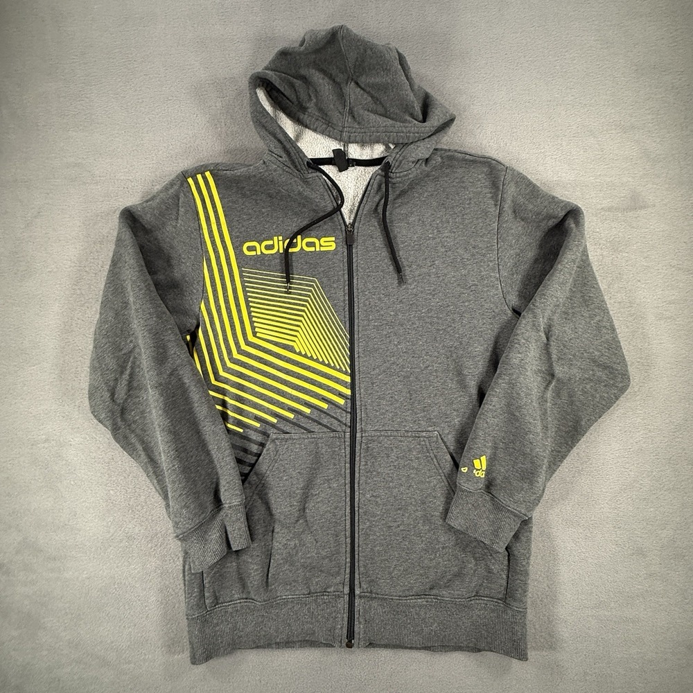 Adidas‎ Zip Up Hoodie Mens Small Gray Yellow Geometric Graphic Fleece Sweatshirt